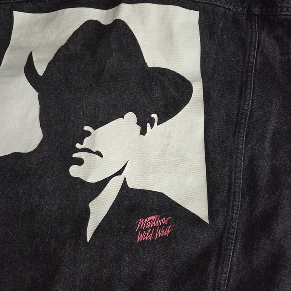 Vtg MARLBORO MAN Trucker Jacket Wild West Graphic Black Denim Jean L - Picture 13 of 13